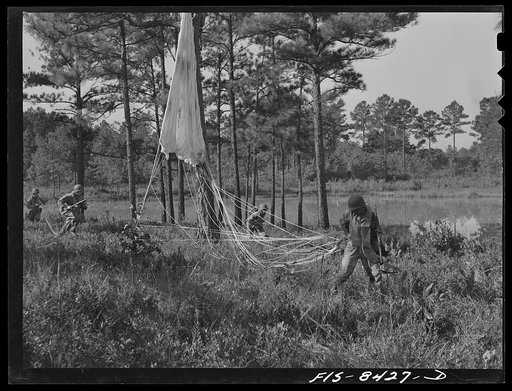 Fort Bragg, North Carolina. Parachutist advancing through the woods after landing in a military demonstration