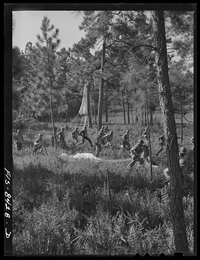 Untitled photo, possibly related to: Fort Bragg, North Carolina. Parachutists advancing through the woods after landing in a military demonstration