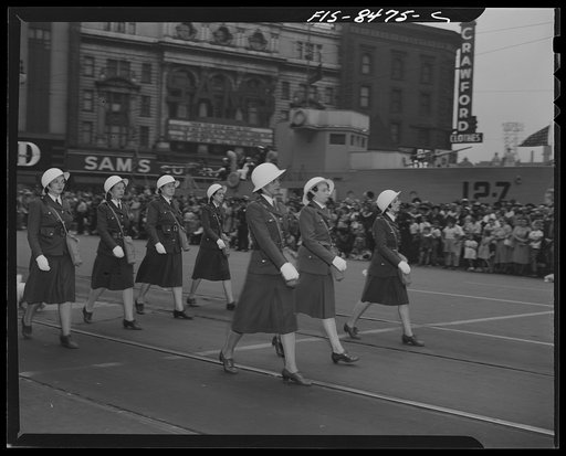 Detroit, Michigan. Women civilian defense workers marching in full regalia in the Labor Day parade