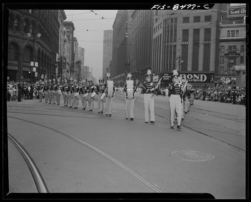 Detroit, Michigan. High school band marching in V formation in the Labor Day parade