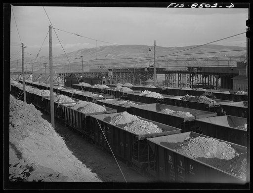 Anaconda smelter, Montana. Anaconda Copper Mining Company. Railroad yard full of ore cars, each of which contains fifty tons of copper ore
