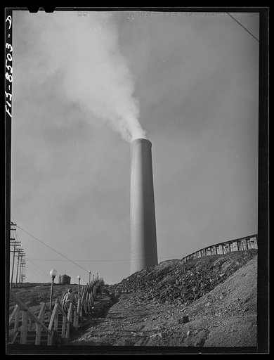 Anaconda smelter, Montana. Anaconda Copper Mining Company. Looking up the hill towards the smokestack which is the largest in the world: 585 feet high with diameter at base seventy-five feet and at top sixty feet