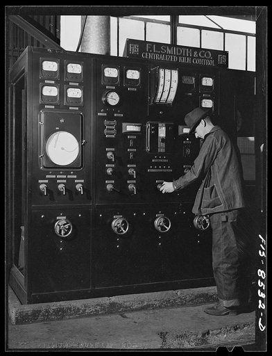 Untitled photo, possibly related to: Anaconda smelter, Montana. Anaconda Copper Mining Company. Control panel of the large kiln used in roasting the manganese ore