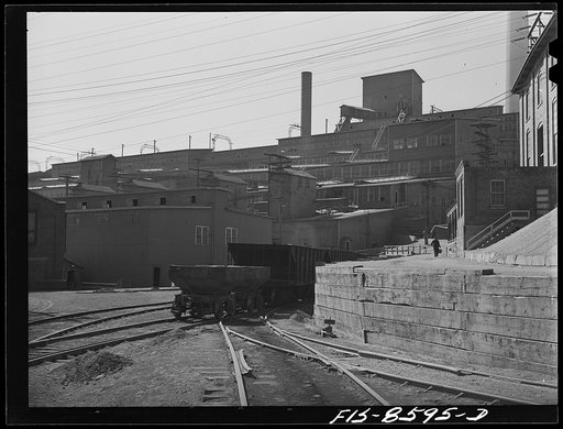 Untitled photo, possibly related to: Anaconda smelter, Montana. Anaconda Copper Mining Company. Part of the concentrating plant in which the ore is concentrated from about five percent to about twenty-six percent copper; from here the concentrate goes to the roasting furnaces