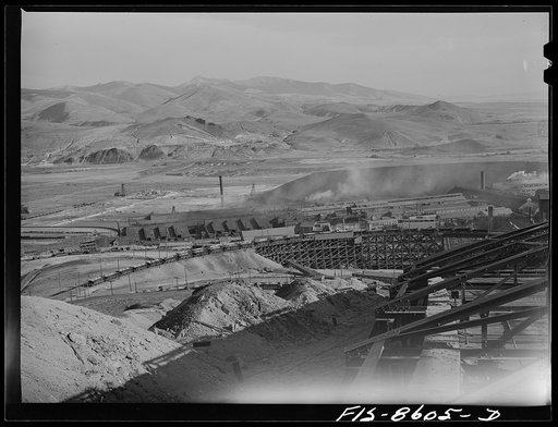 Anaconda smelter, Montana. Anaconda Copper Mining Company. Part of the smelter seen from the base of the smokestack