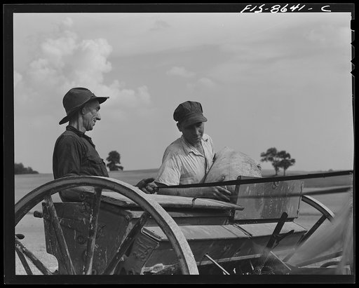 Untitled photo, possibly related to: Beltsville, Maryland. Employees of the United States Department of Agriculture experimental farm demonstrating the care and repair of farm machinery for posters to be used in a "Share and Repair" conservation program