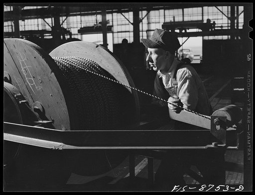 Untitled photo, possibly related to: Great Falls, Montana. Anaconda Wire and Cable Company. Spiral twisted copper core for manufacture of hollow conductor cable