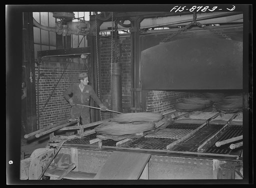Great Falls, Montana. Anaconda Wire and Cable Company. Removing annealed wire from furnace; in this furnace, wire is heated and held to temperature for a predetermined time; by this means wire which is soft and pliable is produced; by further drawing, various degrees of softness and pliablility are 