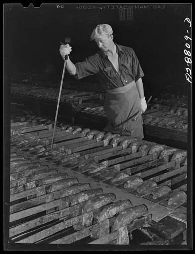 Great Falls, Montana. Electrolytic refinery of Anaconda Copper Mining Company. Inspecting the electrolytic process. By means of this tool which is thrust down and towards the inspector he is able to determine if deposition of copper is proceeding at the normal rate and if there are any short circuit