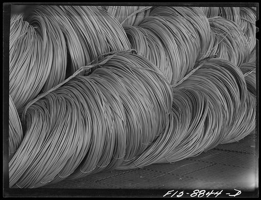 Great Falls, Montana. Anaconda Wire and Cable Company. Coils of rods which have been produced from wire bars; these cleaned rods are ready to be drawn into wire