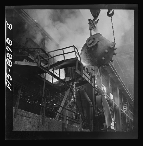 Anaconda smelter, Montana. Anaconda Copper Mining Company. Returning the first slag from the converter to the reverberatory furnace. The first few ladles of slag always contain some copper, and to redeem this copper the slag is returned to the furnace