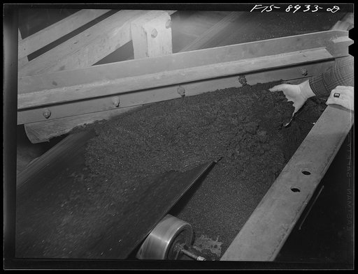 Ben Bow chromite mill, Stillwater County, Montana. Chrome ore concentrate as it is delivered from conveyor belt to the bin from where it is shipped to market