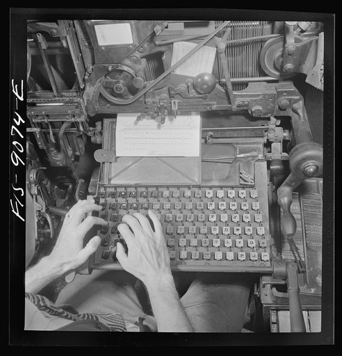 New York, New York. Composing room of the New York Times newspaper. Linotyper's hands