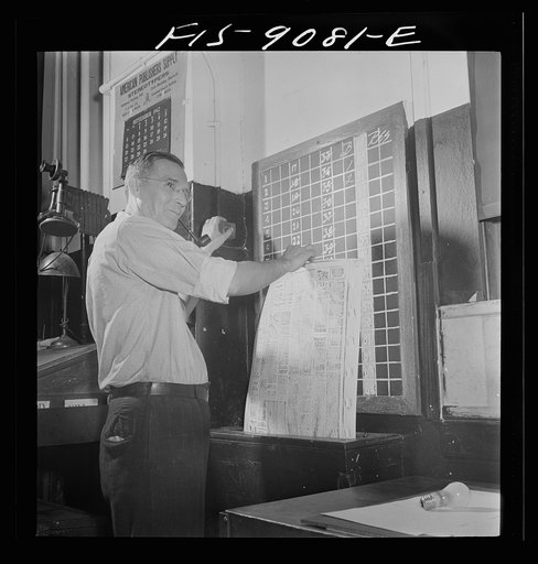 New York, New York. Composing room of the New York Times newspaper. Completed mats are checked on board by page, then sent down chute to stereotype room