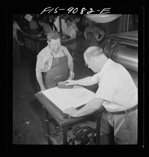 New York, New York. Composing room of the New York Times newspaper. Paper mat is made in "rock crusher" and inked for visibility
