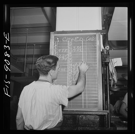 New York, New York. Composing room of the New York Times newspaper. As make-up of each page is completed, time is marked up on board