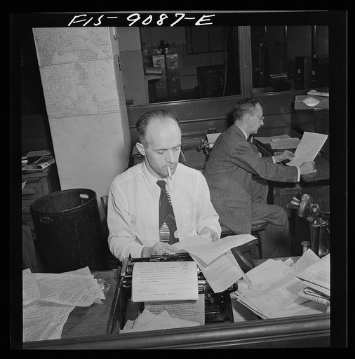 New York, New York. New York Times newspaper syndicate. Foreign newspapers and syndicates buy privilege of using Times news. The paper has so many correspondents all over the world, that often they scoop Associated Press and United Press. Swiss correspondent in foreground, Mexican in back