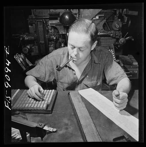 New York, New York. Composing room of the New York Times newspaper. Times daily index to the news is set partly by hand. This man has been doing it for fifteen years