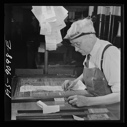 New York, New York. Composing room of the New York Times newspaper. Page make-up