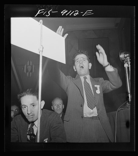 New York, New York. Marine and shipbuilding workers' convention. Flynn, a leader of the New Jersey local, addressing the union convention at the Hotel New Yorker