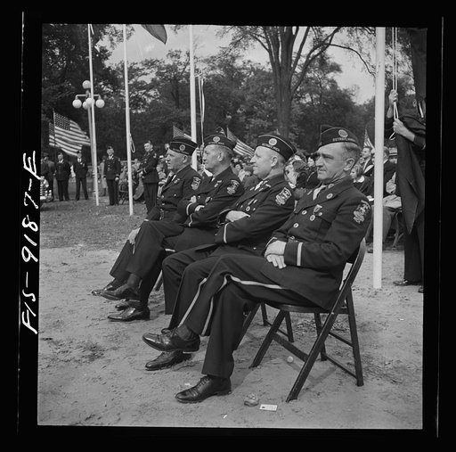 Detroit (vicinity), Michigan. Ceremonies at the presentation of the Army and Navy E award to the Briggs manufacturing company. War veteran workers at the ceremony