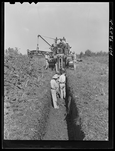 Untitled photo, possibly related to: Arkansas-Texas state line to Gurdon, Arkansas War emergency pipeline from Longview, Texas to Norris City, Illinois. A trench-digging machine