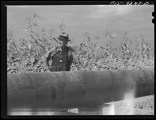Untitled photo, possibly related to: Little Rock, Arkansas to Missouri-Arkansas state line. War emergency pipeline from Longview, Texas to Norris City, Illinois. A local farmer watching progress of the pipeline construction