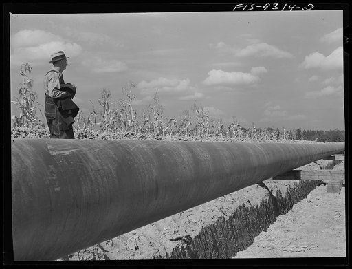 Little Rock, Arkansas to Missouri-Arkansas state line. War emergency pipeline from Longview, Texas to Norris City, Illinois. A farmer watching pipeline go through his corn field