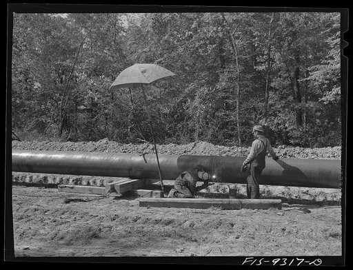 Untitled photo, possibly related to: Little Rock, Arkansas to Missouri-Arkansas state line. War emergency pipeline from Longview, Texas to Norris City, Illinois. Pipeline cutting through a cotton field