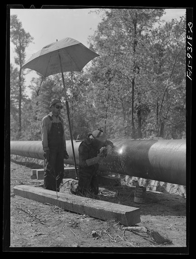 Untitled photo, possibly related to: Little Rock, Arkansas to Missouri-Arkansas state line. War emergency pipeline from Longview, Texas to Norris City, Illinois. Pipeline cutting through a cotton field