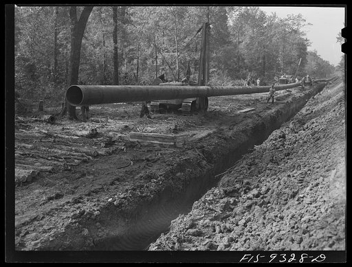 Untitled photo, possibly related to: Arkansas-Texas state line to Gurdon, Arkansas. War emergency pipeline from Longview, Texas to Norris City, Illinois. Right-of-way of war emergency pipeline running through wooded land