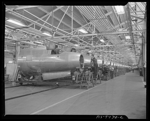 De Soto bomber plant. Detroit, Michigan. Conveyor line showing assembly of nose section of B-26 bomber