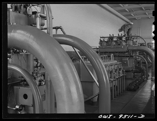 Tulsa, Oklahoma. Engine room of the power plant at the Tulsa station of the Great Lakes pipeline company
