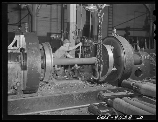 Tulsa, Oklahoma. Repairing railroad wheels in a machine shop of the Frisco railroad yards