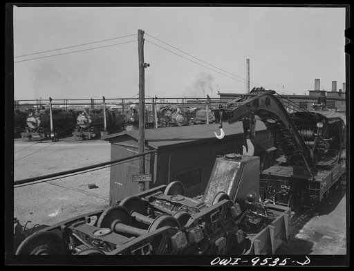 Tulsa, Oklahoma. Wrecker at the roundhouse in the yards of the Frisco railroad