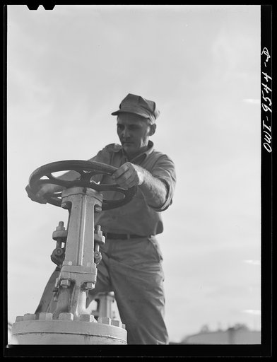Untitled photo, possibly related to: Tulsa, Oklahoma. Top of a storage tank with a floating roof at the pumping station of the Great Lakes pipeline company