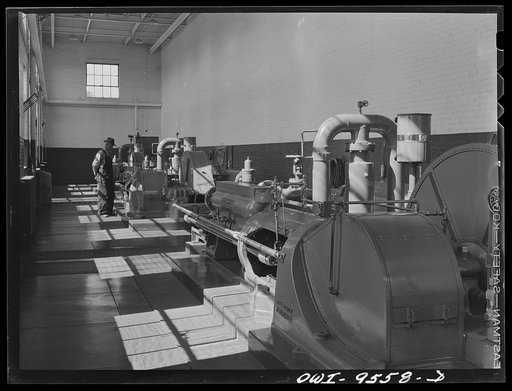 Tulsa, Oklahoma. Pump room operated by diesel power at the Tulsa station of the Great Lakes pipeline. This pipeline sends gasoline and other refined products from Oklahoma to various points in Missouri, Iowa, Nebraska, and Minnesota
