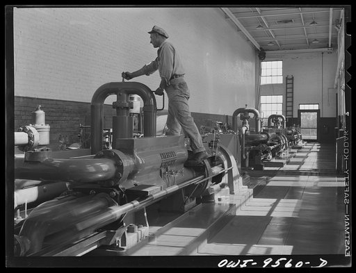 Tulsa, Oklahoma. Pump room operated by diesel power at the Tulsa station of the Great Lakes pipeline. This pipeline sends gasoline and other refined products from Oklahoma to various points in Missouri, Iowa, Nebraska, and Minnesota