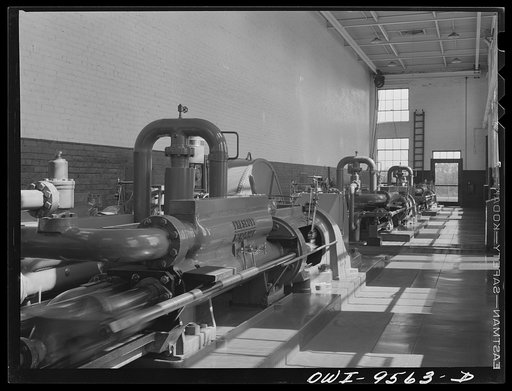 Tulsa, Oklahoma. Pump room operated by diesel power at the Tulsa station of the Great Lakes pipeline. This pipeline sends gasoline and other refined products from Oklahoma to various points in Missouri, Iowa, Nebraska, and Minnesota