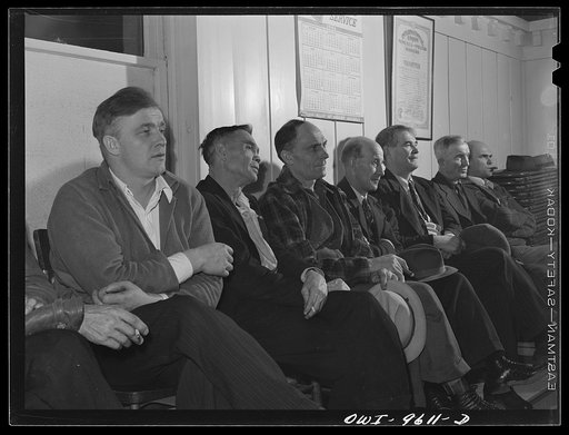 Butte, Montana. A group of miners at a Butte miners' union meeting