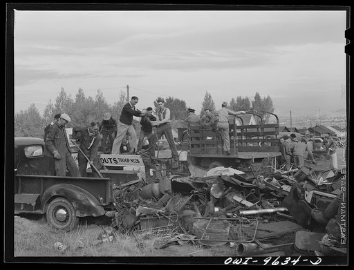 Butte, Montana. Unloading scrap from trucks during the scrap salvage campaign