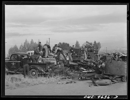 Butte, Montana. Unloading scrap from trucks during the scrap salvage campaign