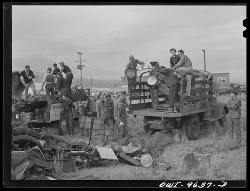 Butte, Montana. Unloading scrap from trucks during the scrap salvage campaign