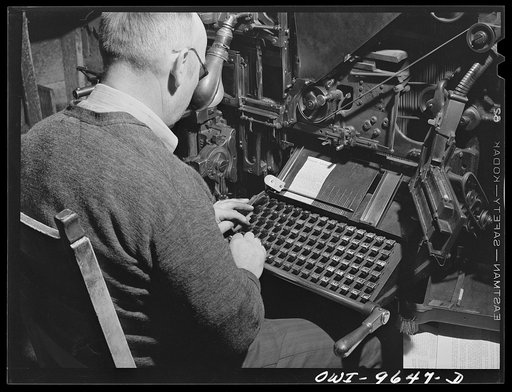 Butte, Montana. Linotype operator working on the miners' union newspaper
