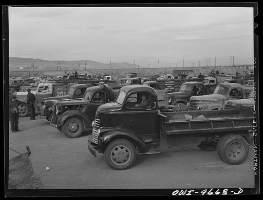 Butte, Montana. Trucks waiting for the beginning of the scrap salvage campaign