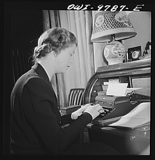 Washington, D.C. The Netherlands Legation. Madame Louden, wife of the minister, is learning typing by herself to help her in war work