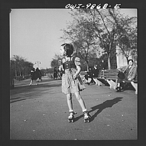 Untitled photo, possibly related to: New York, New York. Janet and Marie Winn [or Wynn], Czech-American children, go roller-skating in Central Park