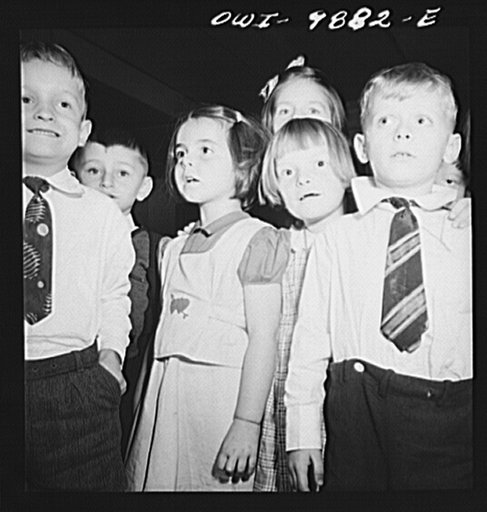 New York, New York. First graders in public school singing the Star Spangled Banner. Marie Winn [or Wynn], a Czech-American child is second from the left