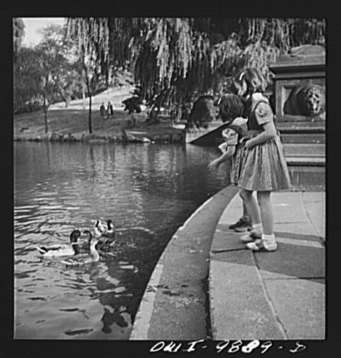 New York, New York. Janet and Marie Wynn [or Winn], Czech-American children, feeding the ducks in Central Park