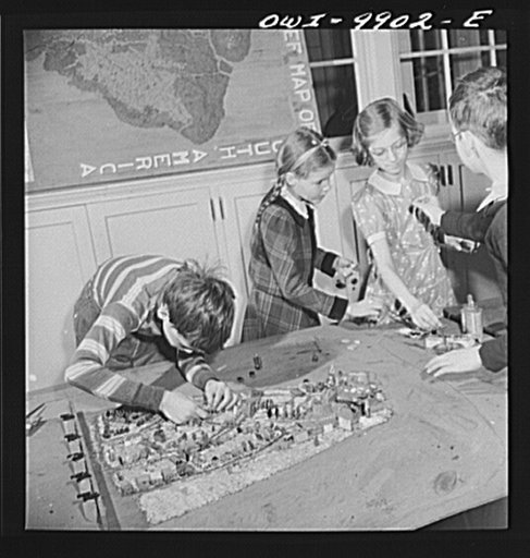 Untitled photo, possibly related to: New York, New York. The Lincoln School of Teachers' College, Columbia University. Working on a relief model of New Amsterdam